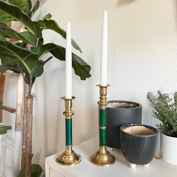 Vintage Brass and Green Enamel Candle Stick Holders